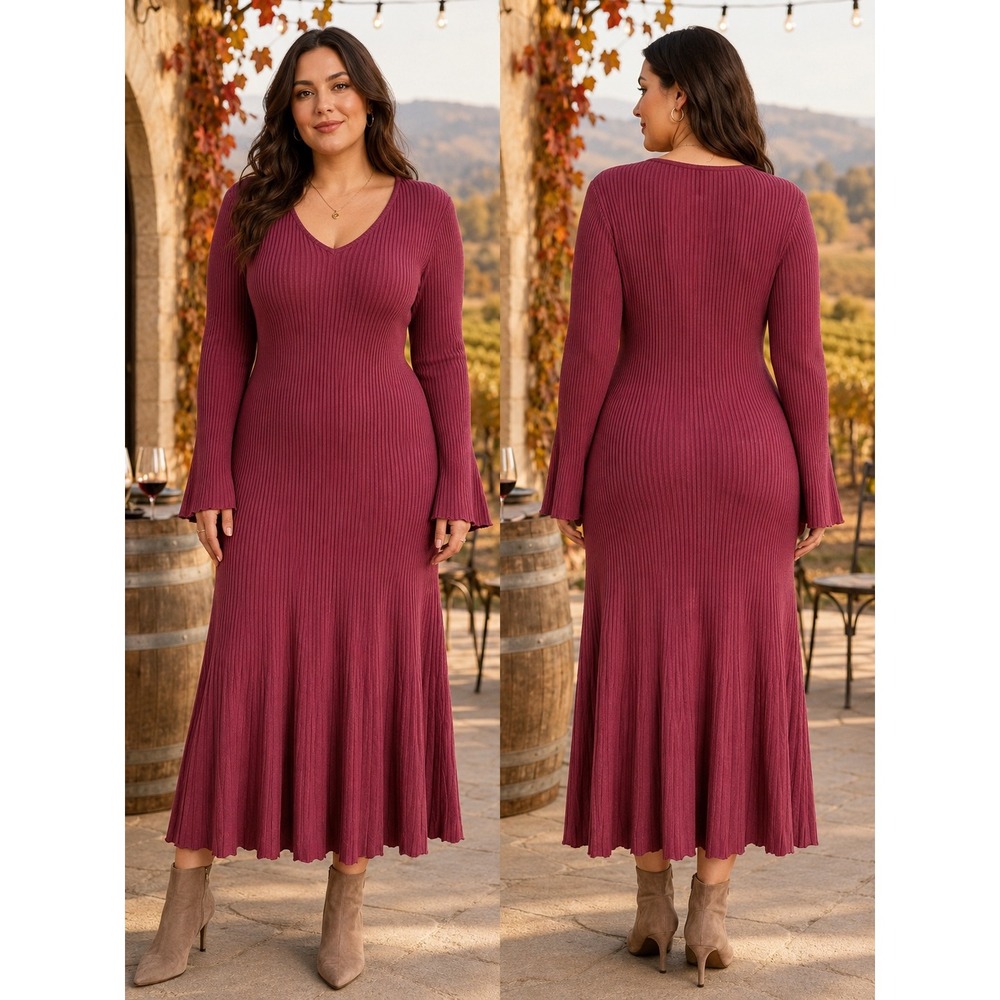 Edited x Hunter McGrady Ribbed Flare Sweater Dress Womens XL Burgundy Wine